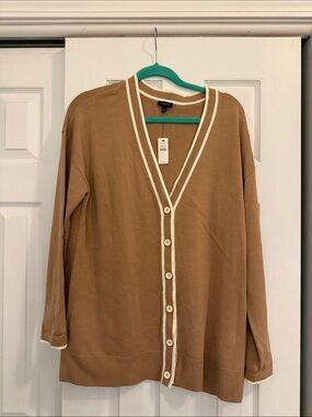 Talbots Tan Button-Front V-Neck Cardigan with Cream Trim